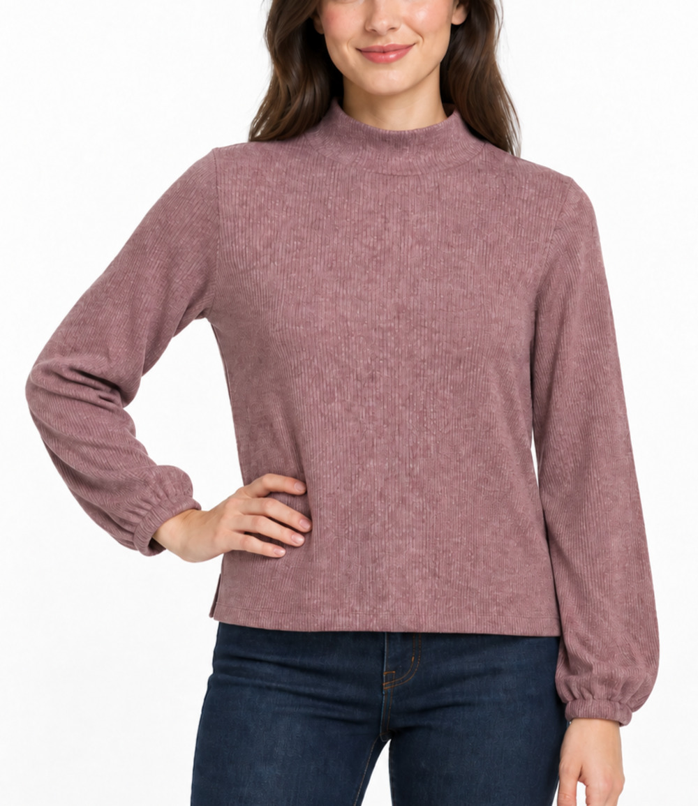 NWT Madewell Womens Large Mauve Ribbed Mock Neck Bubble Sleeve Stretch Knit Top
